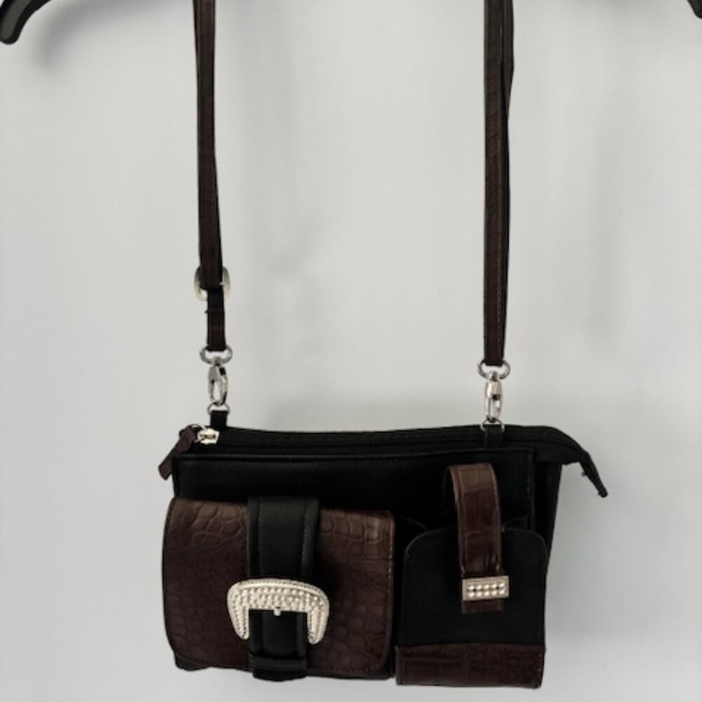 Braciano Faux Croc Crossbody Bag Black Brown with Buckle & Metal Bar Pockets